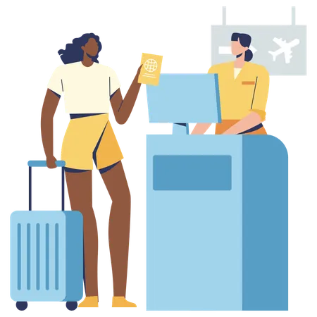 Fille s'enregistrant à l'embarquement à l'aéroport  Illustration