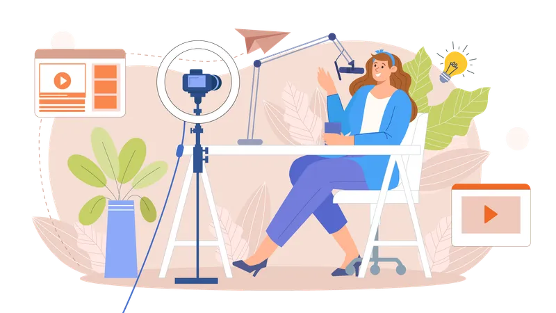 Fille enregistrant un podcast  Illustration