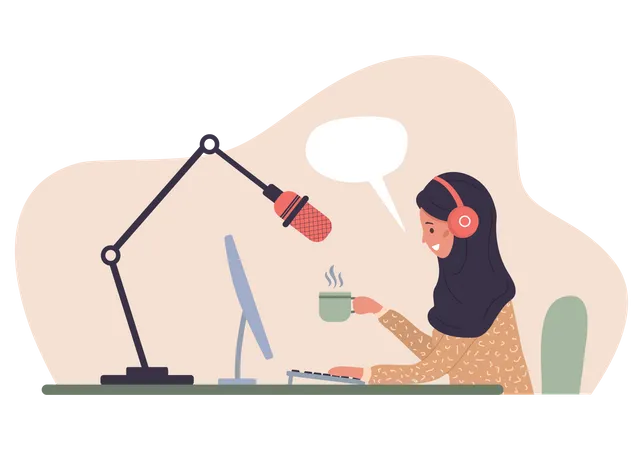 Fille enregistrant un podcast  Illustration