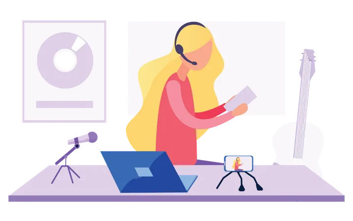 Fille enregistrant un podcast  Illustration