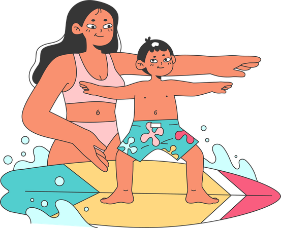 Fille enseignant le surf à un enfant  Illustration