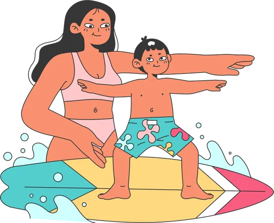 Fille enseignant le surf à un enfant  Illustration