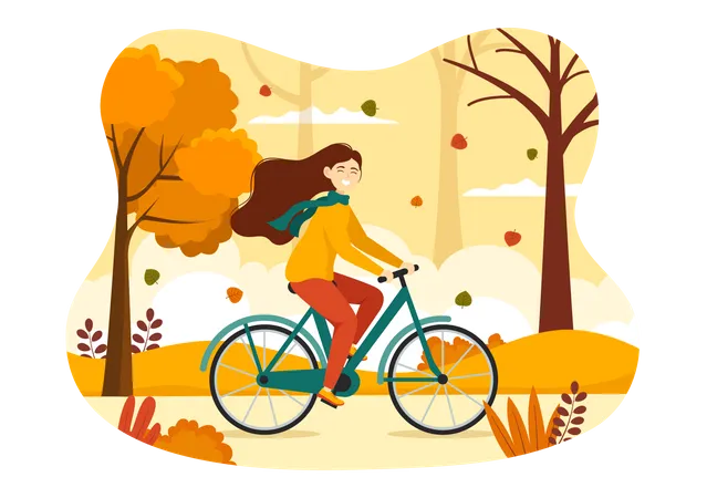 Fille faisant du vélo dans le parc en automne  Illustration