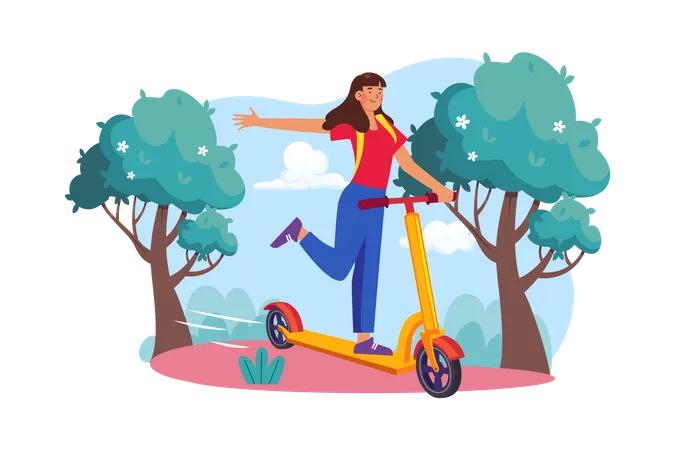 Fille chevauchant une trottinette  Illustration