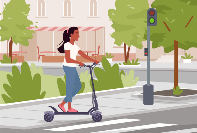 Fille chevauchant un scooter électrique en ville  Illustration