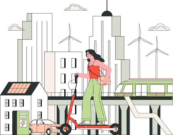 Girl riding scooter en ville  Illustration