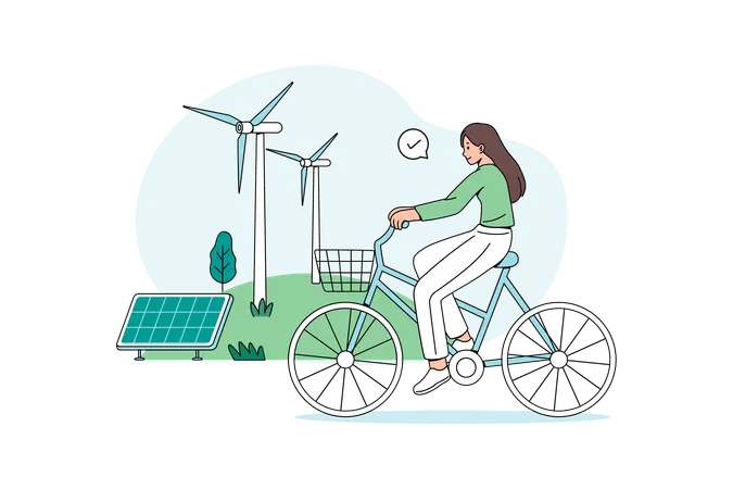 Fille à vélo dans une ville écologique  Illustration