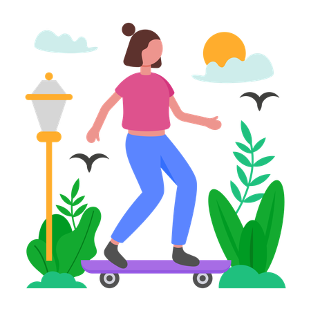 Fille errant sur une planche à roulettes  Illustration