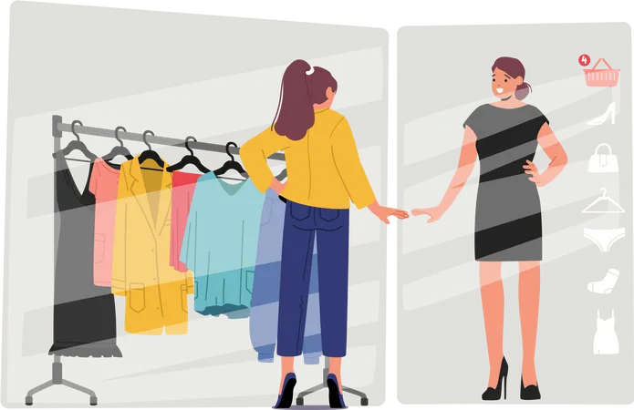 Fille essayant des vêtements à l'aide d'une application en ligne  Illustration