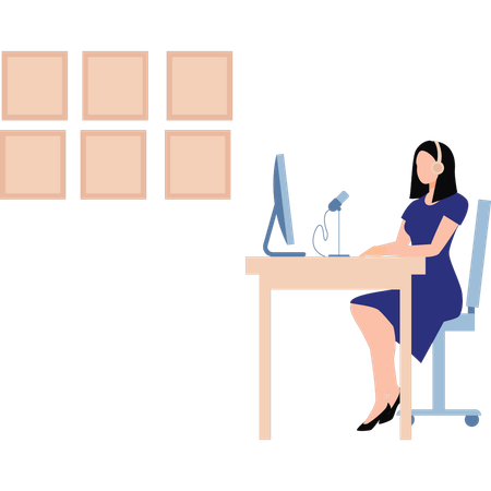 La fille est assise à son bureau  Illustration