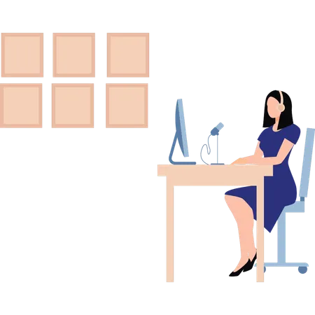 La fille est assise à son bureau  Illustration