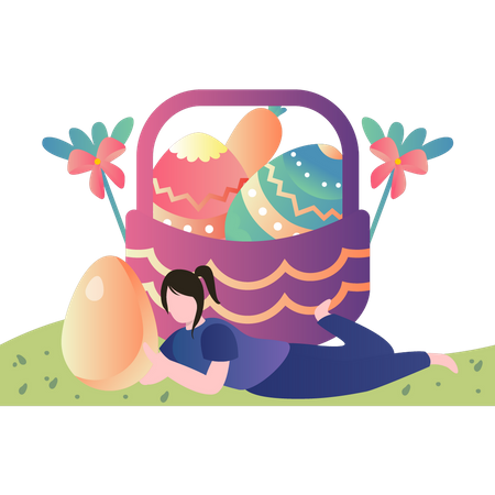 La fille est assise avec des œufs de Pâques  Illustration