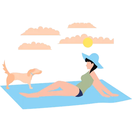 La fille est assise sur la plage  Illustration