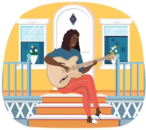 Une fille est assise sur le pas de la porte de sa maison et joue de la guitare  Illustration