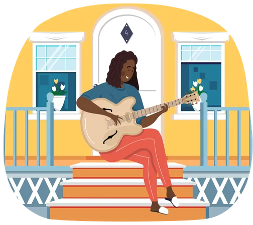 Une fille est assise sur le pas de la porte de sa maison et joue de la guitare  Illustration