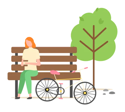 La fille est assise sur un banc de jardin avec son vélo  Illustration