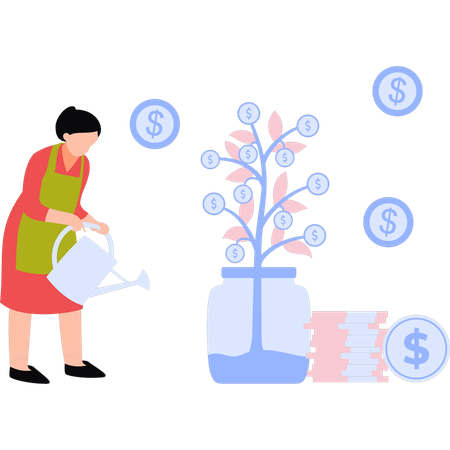 Une fille fait pousser une plante en dollars  Illustration