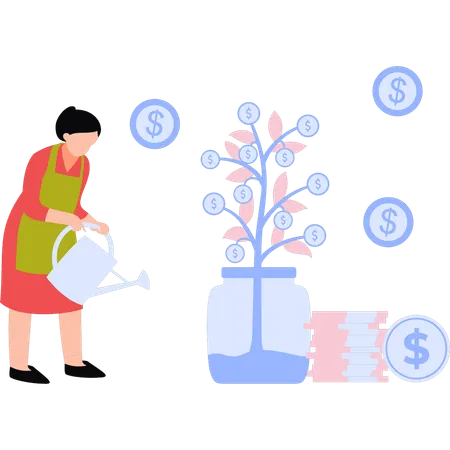 Une fille fait pousser une plante en dollars  Illustration