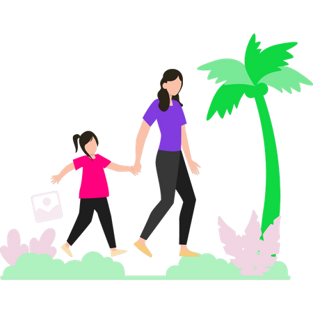 Fille et fille marchant sur la plage  Illustration