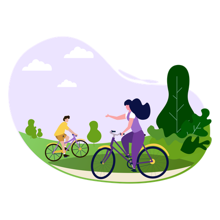 Fille et garçon à vélo dans le parc  Illustration