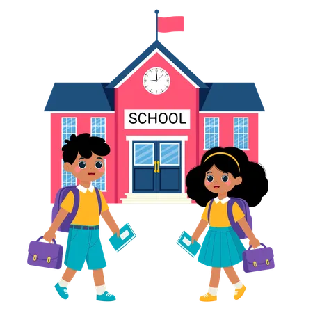 Fille et garçon allant à l'école  Illustration