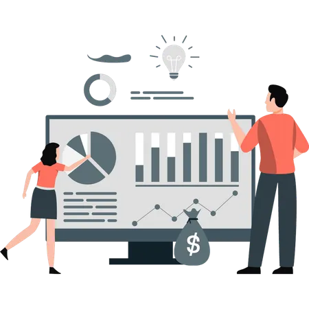 Une fille et un garçon discutent d'idées d'analyse commerciale  Illustration