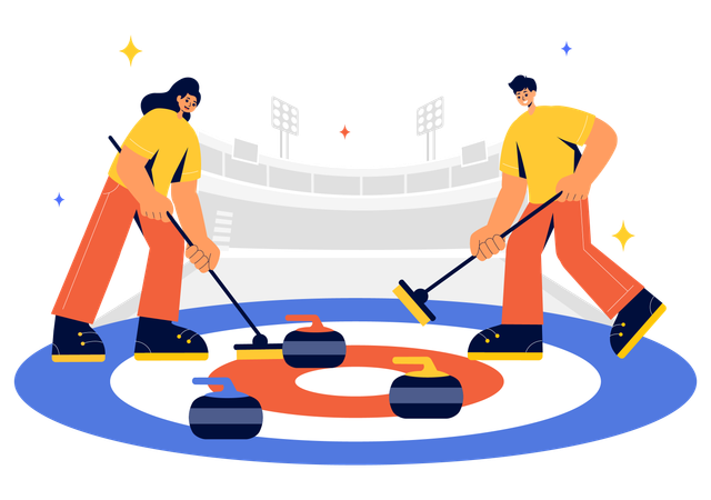 Fille et garçon jouant au curling  Illustration