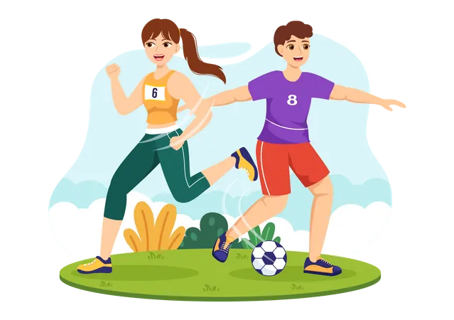 Fille et garçon jouant au football  Illustration