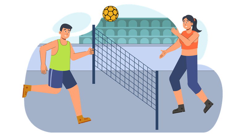 Fille et garçon jouant au volley-ball  Illustration