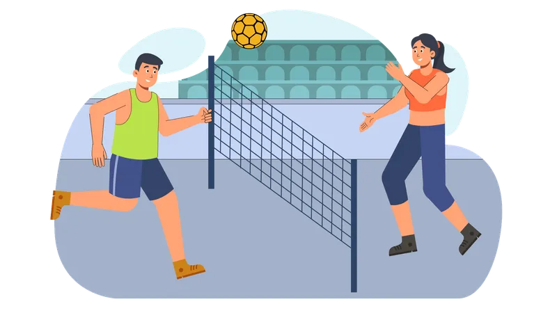 Fille et garçon jouant au volley-ball  Illustration