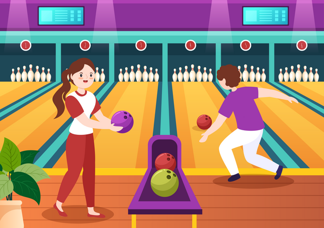 Fille et garçon jouant au jeu de bowling  Illustration