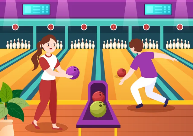 Fille et garçon jouant au jeu de bowling  Illustration