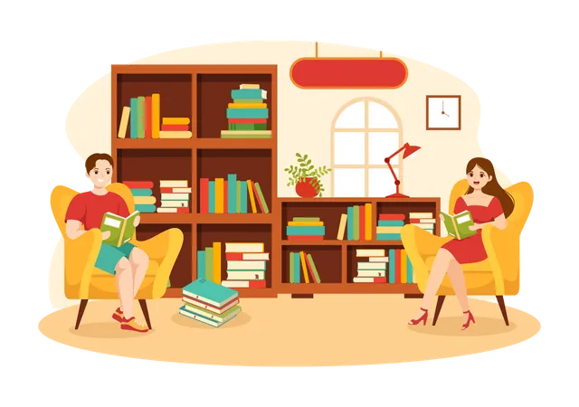 Fille et garçon lisant un livre dans la bibliothèque  Illustration