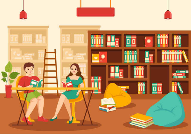 Fille et garçon lisant un livre dans la bibliothèque  Illustration