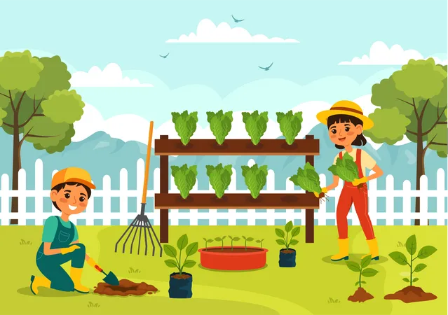 Fille et garçon plantant des fleurs et appréciant le jardinage  Illustration