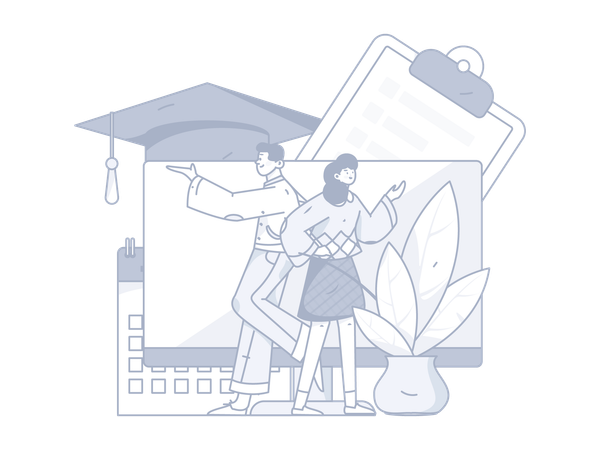 Fille et garçon suivant un cours de remise des diplômes en ligne  Illustration