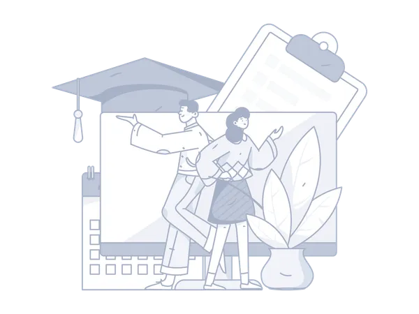 Fille et garçon suivant un cours de remise des diplômes en ligne  Illustration