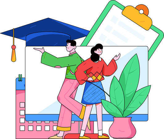 Fille et garçon suivant un cours de remise des diplômes en ligne  Illustration