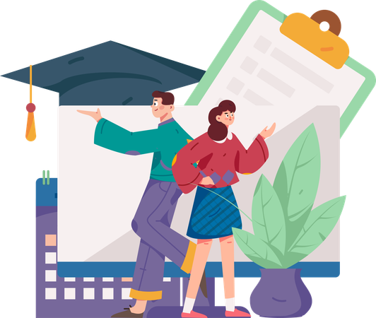 Fille et garçon suivant un cours de remise des diplômes en ligne  Illustration