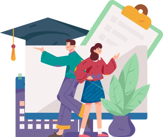 Fille et garçon suivant un cours de remise des diplômes en ligne  Illustration