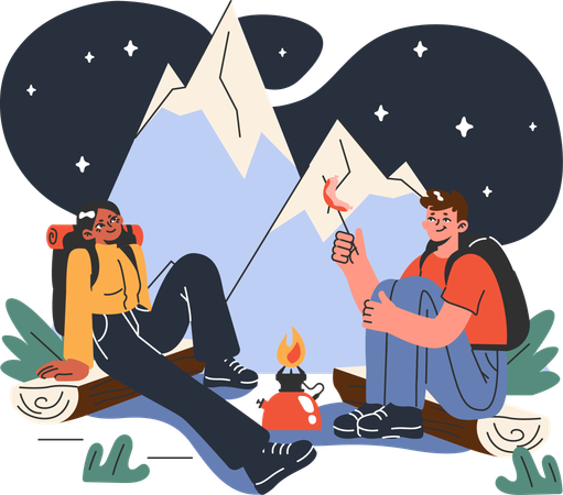 Fille et homme appréciant la nourriture en plein air lors d'une randonnée en montagne  Illustration