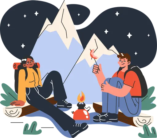 Fille et homme appréciant la nourriture en plein air lors d'une randonnée en montagne  Illustration