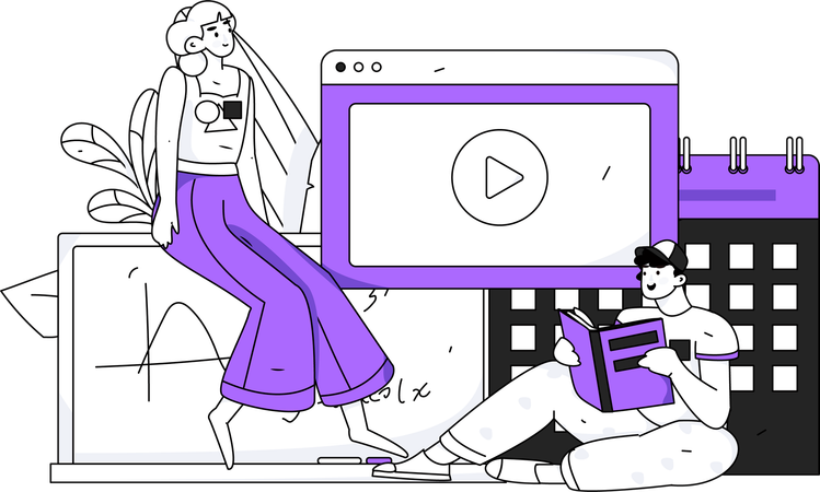 Fille et homme apprenant d'un cours en ligne  Illustration