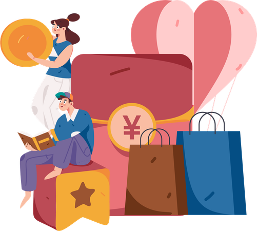 Fille et homme faisant le paiement des achats  Illustration