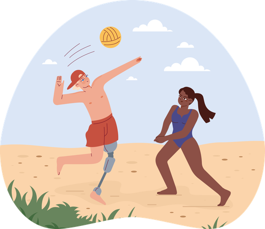 Fille et homme handicapé jouant au volley-ball  Illustration