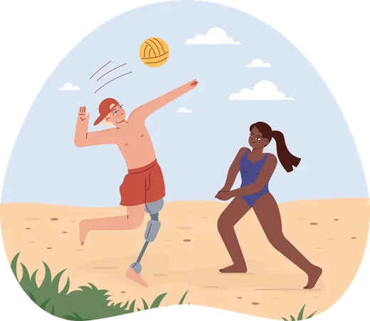 Fille et homme handicapé jouant au volley-ball  Illustration