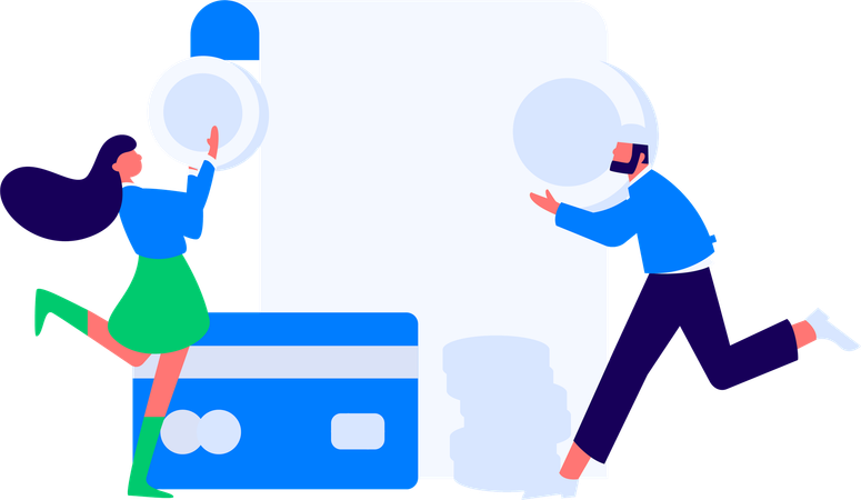 Fille et homme tenant de l'argent pour payer une facture de carte de crédit  Illustration