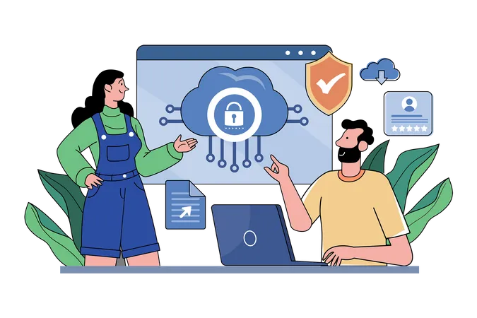 Une fille et un homme travaillent sur la protection des données dans le cloud  Illustration