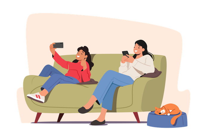 Fille et mère discutant en ligne utilisant des smartphones  Illustration