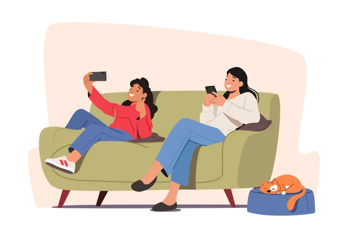 Fille et mère discutant en ligne utilisant des smartphones  Illustration